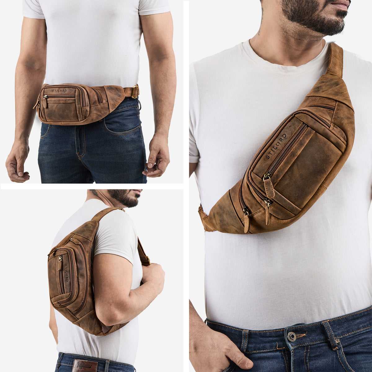Herren Bauchtasche Leder mit vielen Fächern Wildleder