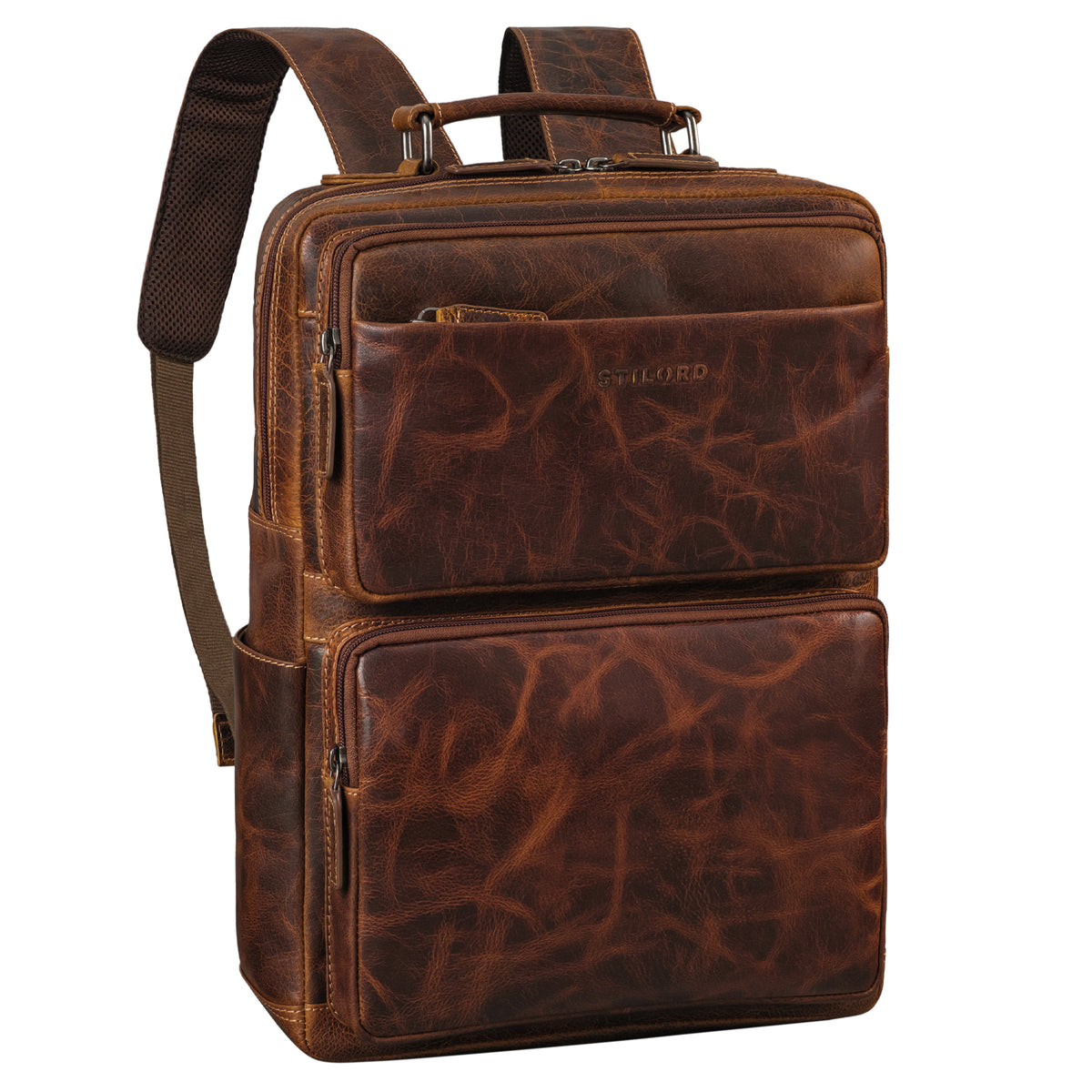 Leder Arbeitsrucksack braun aus der schrägen Frontalperspektive