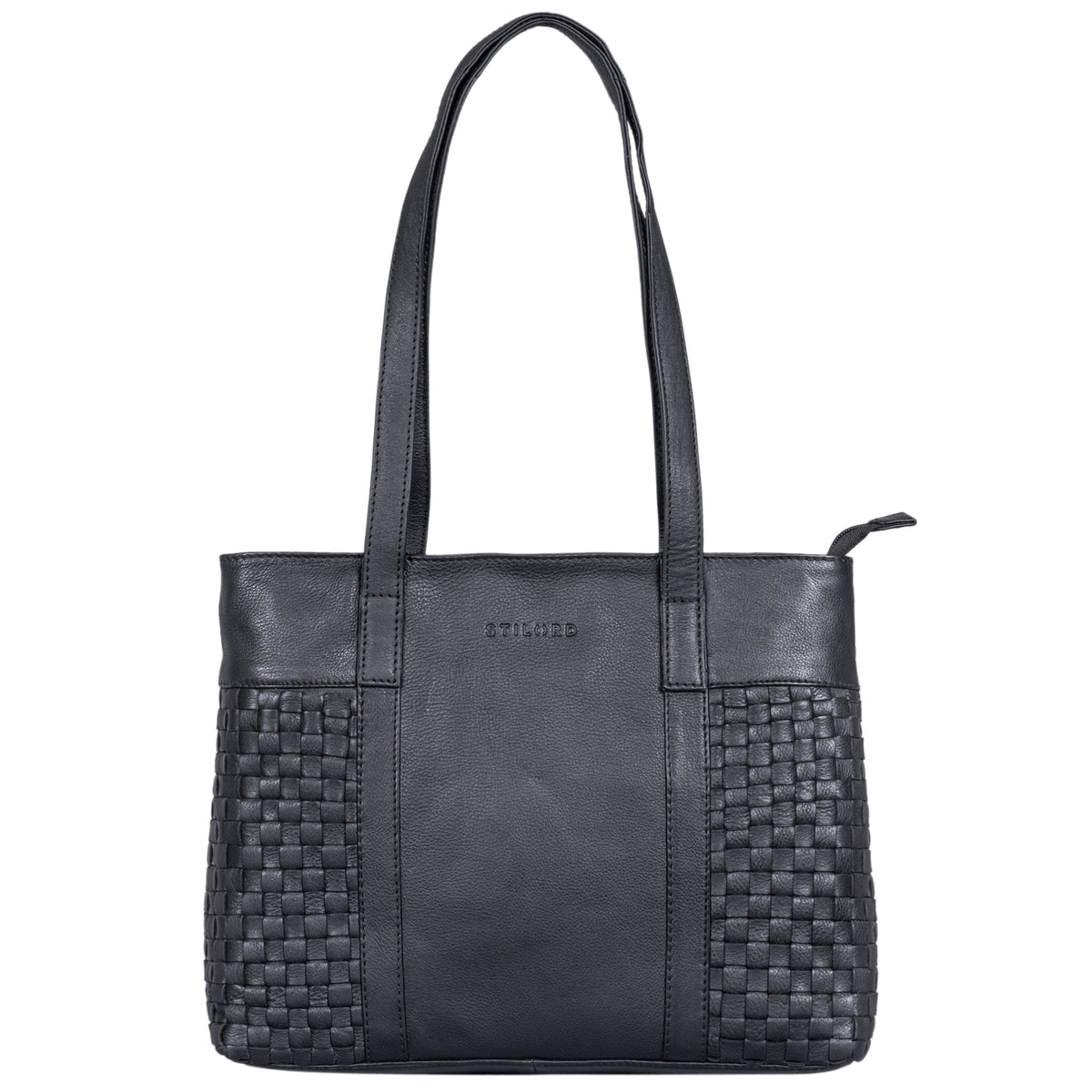 Schwarzer Lederhandtasche Damen  echt Leder geflochten mit langen Henkeln groß