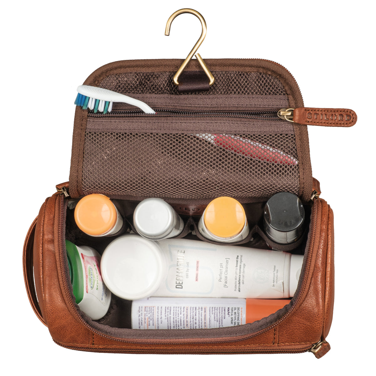Kulturbeutel mit Haken cognac Leder