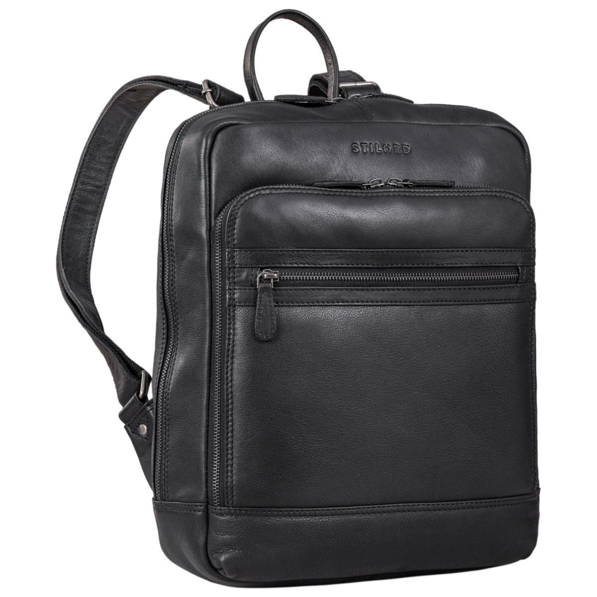 Lederrucksack in schwarz mit Reißverschlussfächern