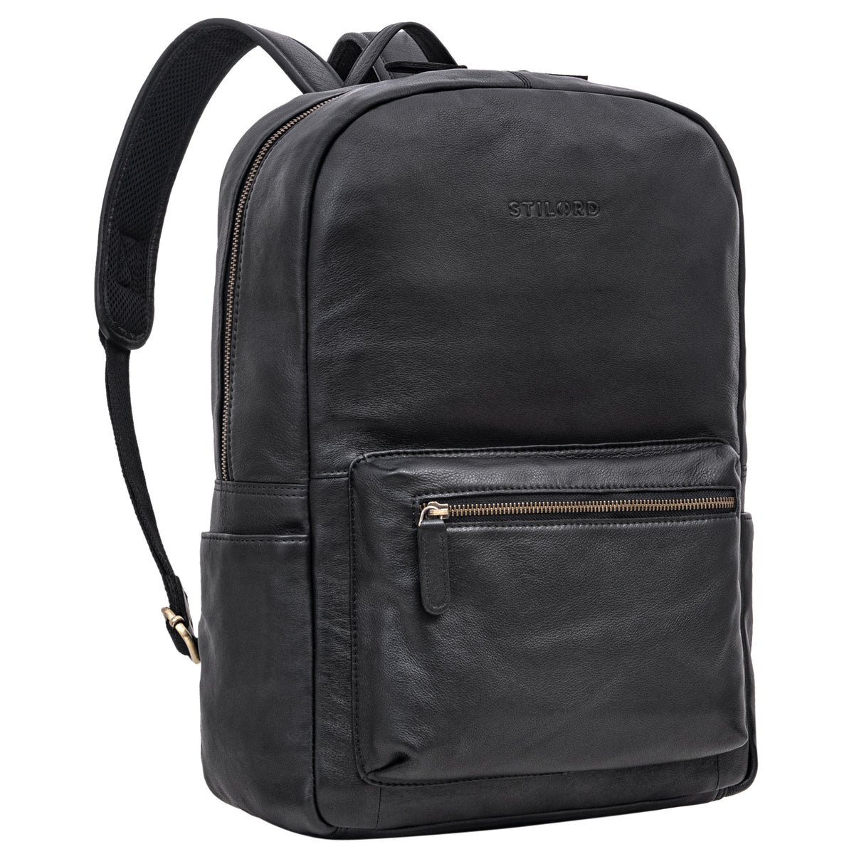 Schwarzer Lederrucksack mit Laptop-Fach 16 Zoll groß für Damen und Herren 