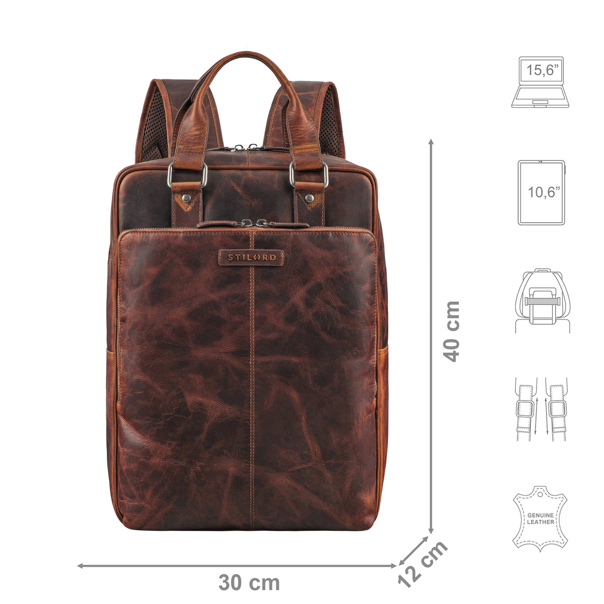 Rucksack Leder cognac mit Größenangaben und zusätzlichen Icons