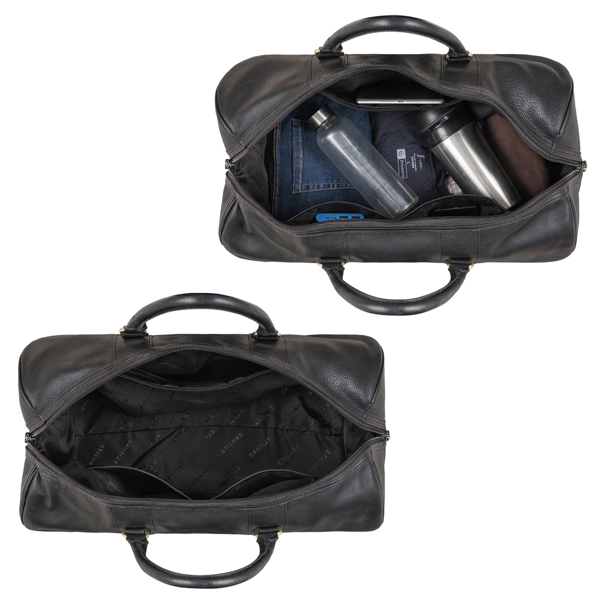 Reisetasche Leder schwarz im gefüllten Zustand und leeren Zustand aus der Draufsicht