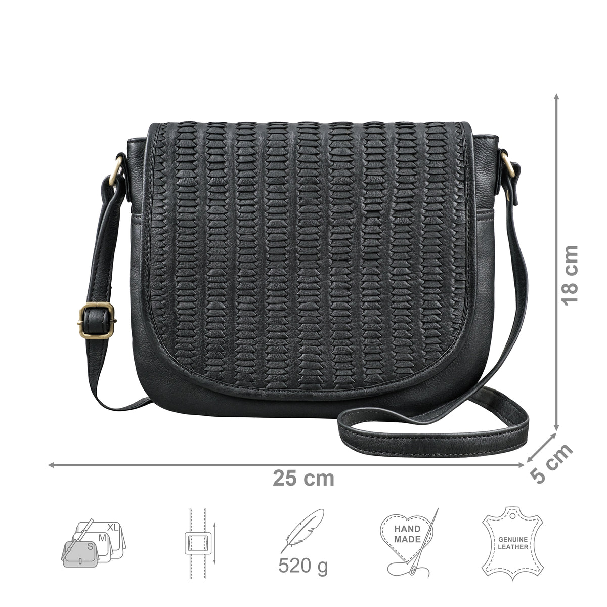 Crossbody Bag Leder schwarz mit Größenangaben und USP Icons