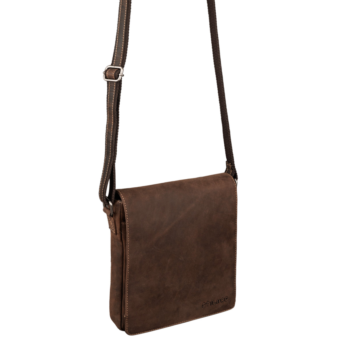 Small vertical brown leather messenger bag with long shoulder strap hanging side angle