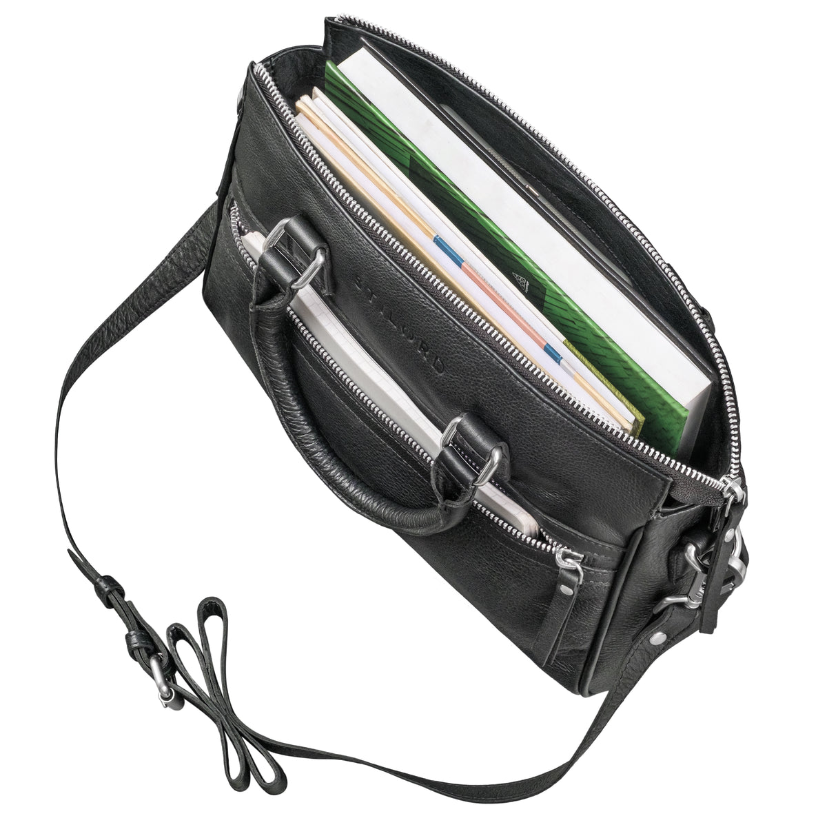 Damen Handtasche Leder schwarz mit vielen Fächern