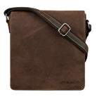 Brown vertical leather shoulder bag with strap and STILORD embossing on front