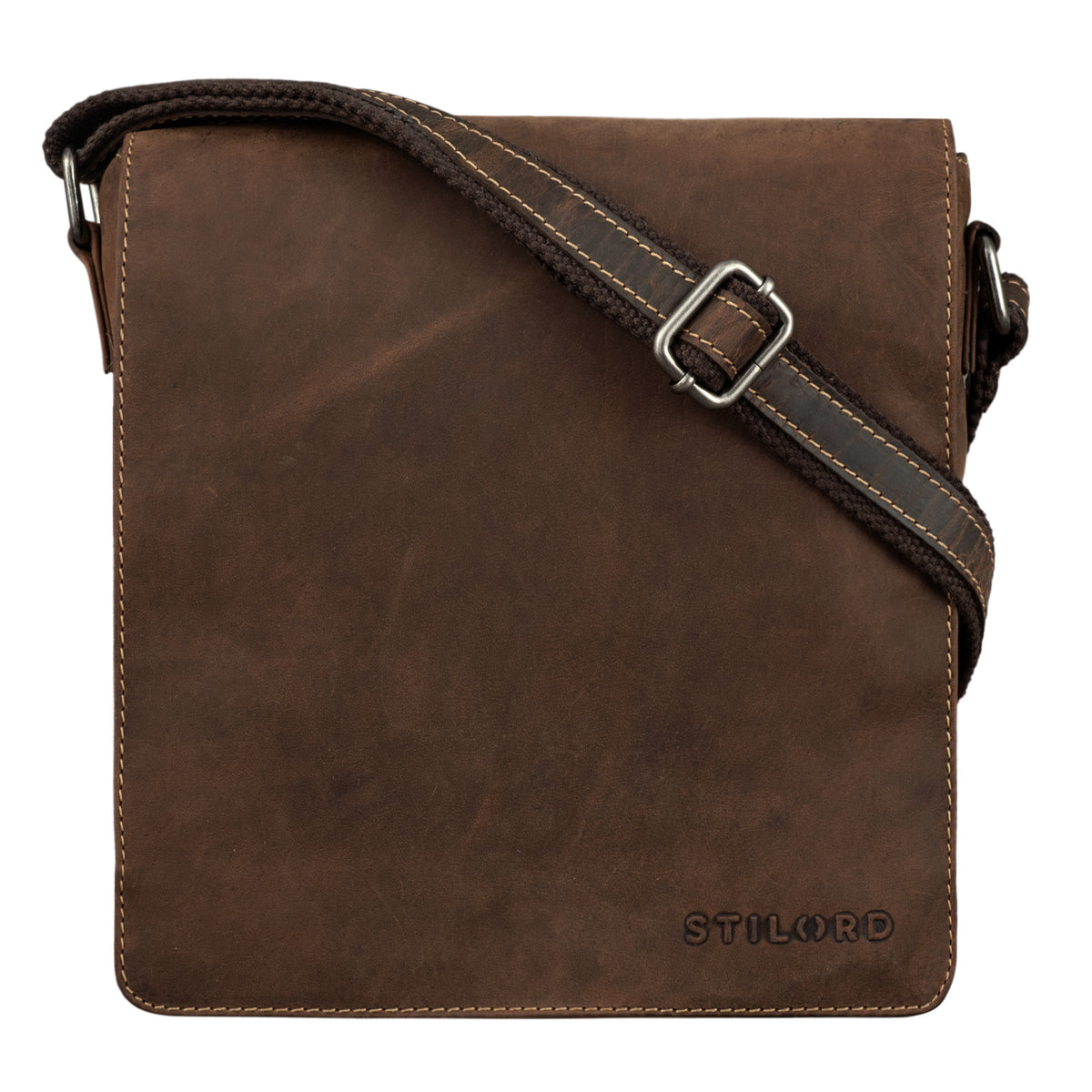 Brown vertical leather shoulder bag with strap and STILORD embossing on front