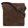 Brown vertical leather shoulder bag with strap and STILORD embossing on front