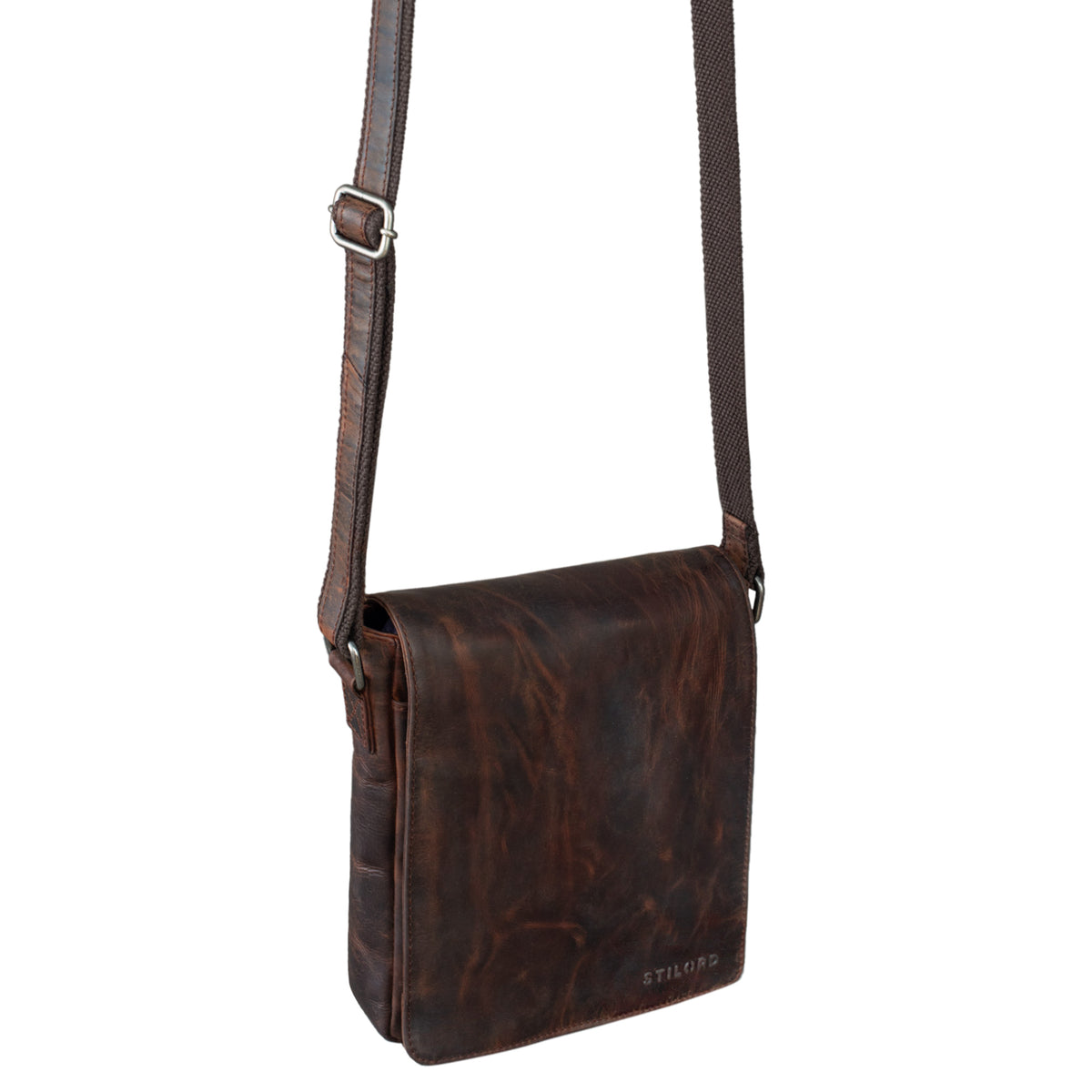Small vertical brown leather messenger bag with long shoulder strap