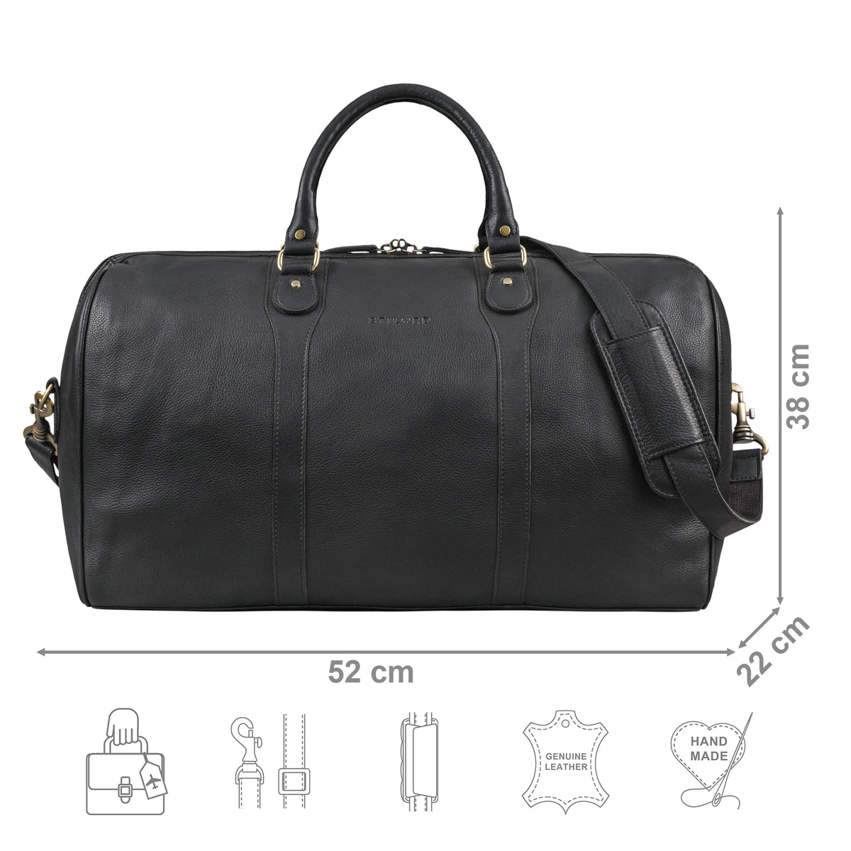 XL Reisetasche Leder schwarz mit Größenangaben und zusätzlichen USP Icons