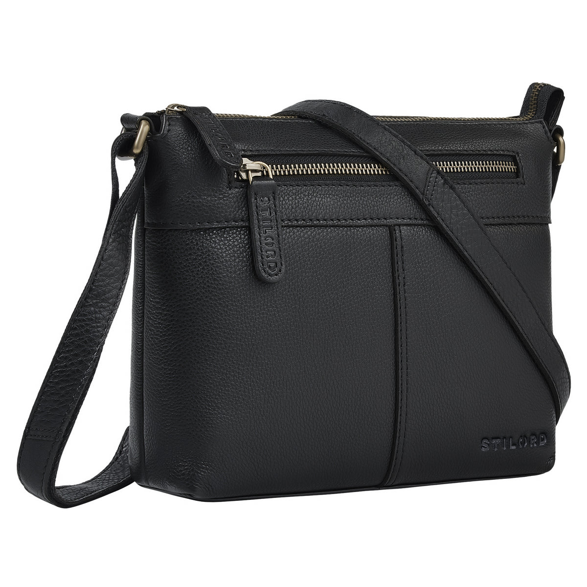 Schwarze Kleine Ledertasche Damen mit Reißverschluss & Gurt für 8 Zoll