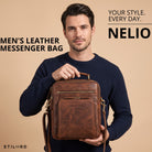 Small men's brown leather messenger bag with top handle, embossed STILORD logo on front pocket, held by model, front view
