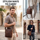 Small brown leather crossbody bag with top handle and adjustable strap, fits 10.1 inch tablet and A5 documents