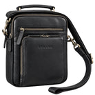 Small black leather crossbody bag with top handle and adjustable strap, fits 10.1 inch tablet, STILORD embossed
