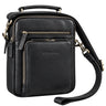 Small black leather crossbody bag with top handle and adjustable strap, fits 10.1 inch tablet, STILORD embossed