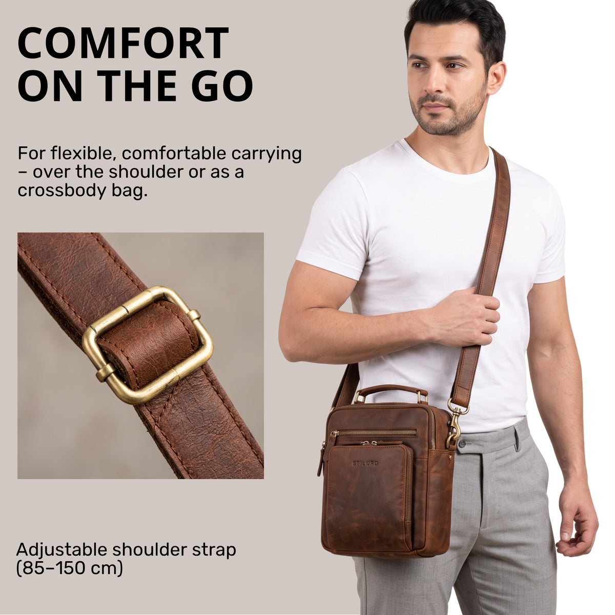 Small brown leather shoulder bag for men, worn crossbody, adjustable strap with brass buckle, STILORD logo visible