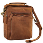 Small men's leather shoulder bag in tan with top handle, front view, STILORD embossing visible, fits 10.1 inch tablet