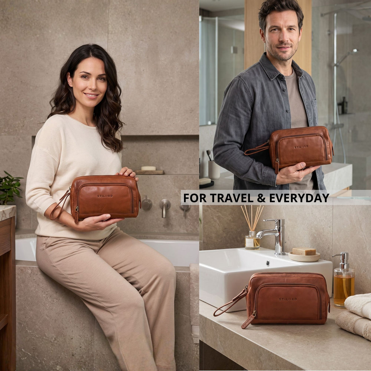 Braune Kosmetiktasche aus Leder (maraska) mit Reißverschluss und Handriemen, gehalten im Badezimmer, Frontansicht mit Modell