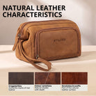 Kosmetiktasche Henry aus Naturleder in tan, frontseitige Ansicht mit STILORD-Prägung und Trageriemen