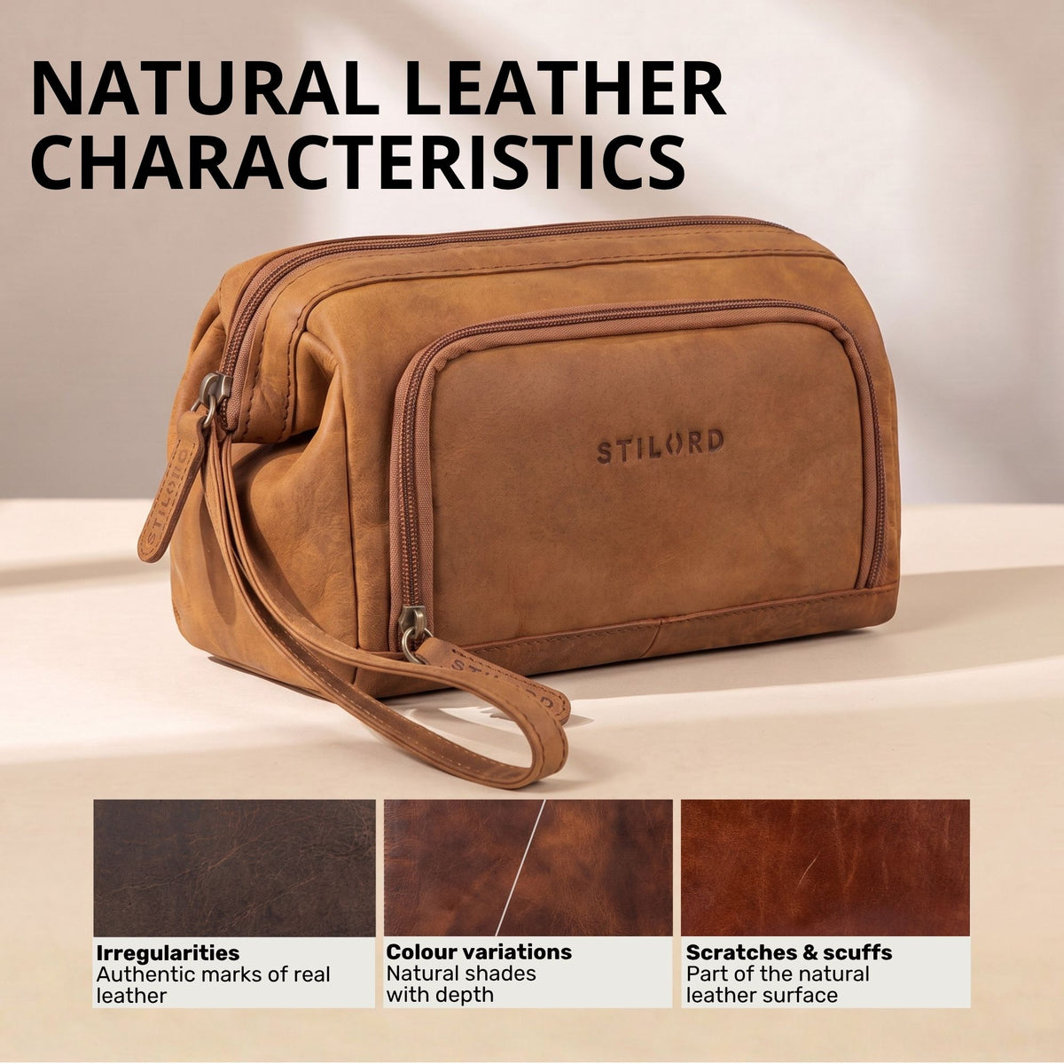 Kosmetiktasche Henry aus Naturleder in tan, frontseitige Ansicht mit STILORD-Prägung und Trageriemen