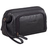 Schwarze Leder-Kosmetiktasche, unisex, frontale Detailansicht mit geprägtem STILORD-Logo, Reißverschlüsse und Handschlaufe sichtbar