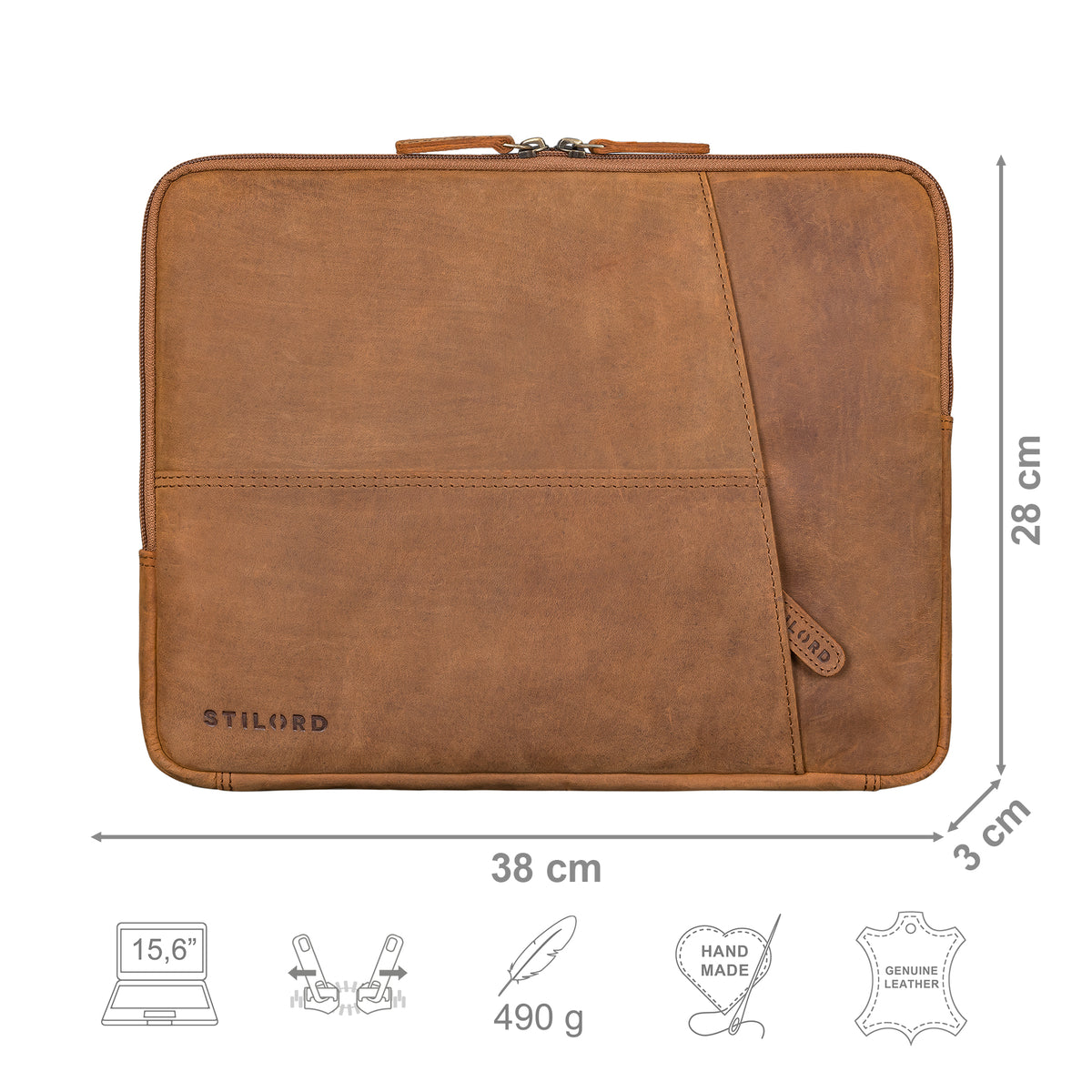 Laptoptasche Leder braun mit Größenangaben und zusätzlichen Merkmal Icons