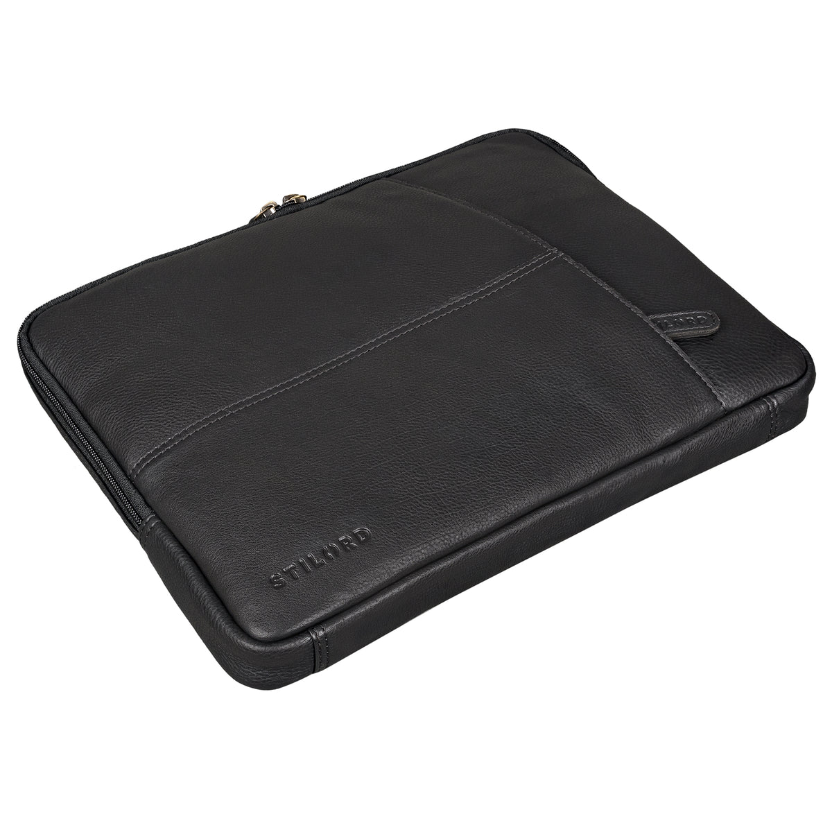 Laptop Sleeve Leder schwarz mit vorderem Reißverschlussfach