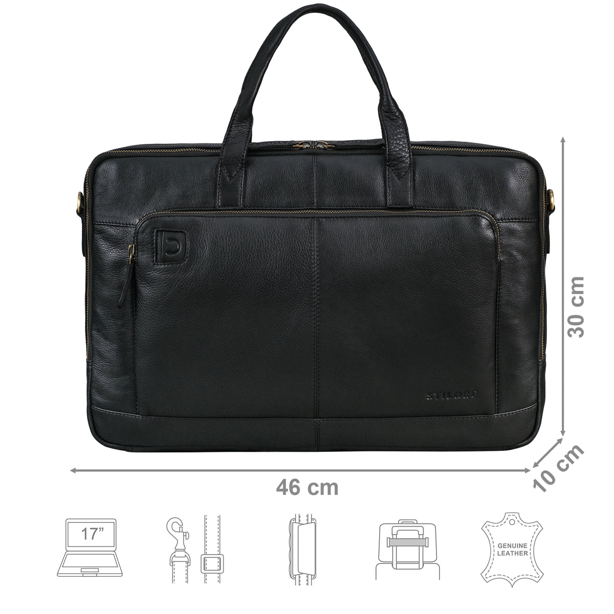 Aktentasche Leder schwarz mit Größenangaben und zusätzlichen Merkmal Icons