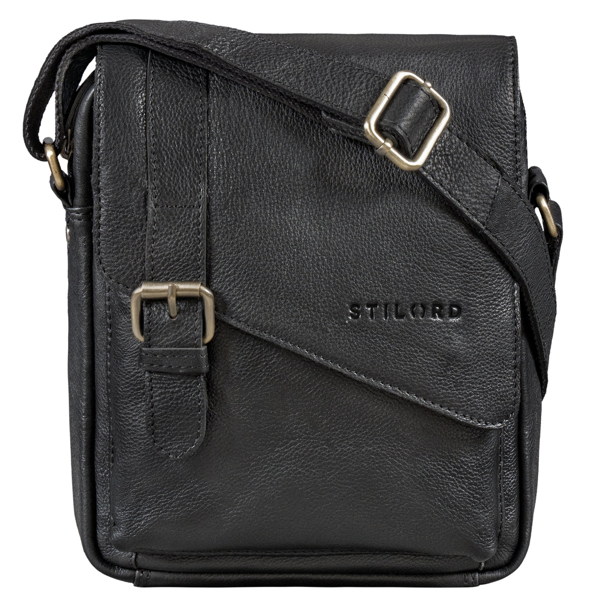 Kleine Schwarze Herrenhandtasche Leder für 8 Zoll Tablet mit Magnetverschluss und Schnalle