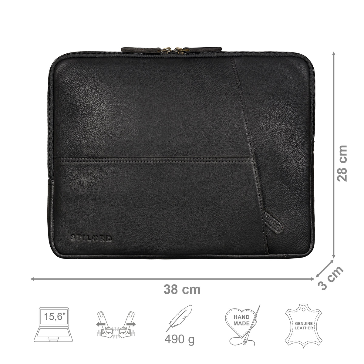 Leder Laptoptasche schwarz mit Größenangaben und zusätzlichen Merkmal Icons