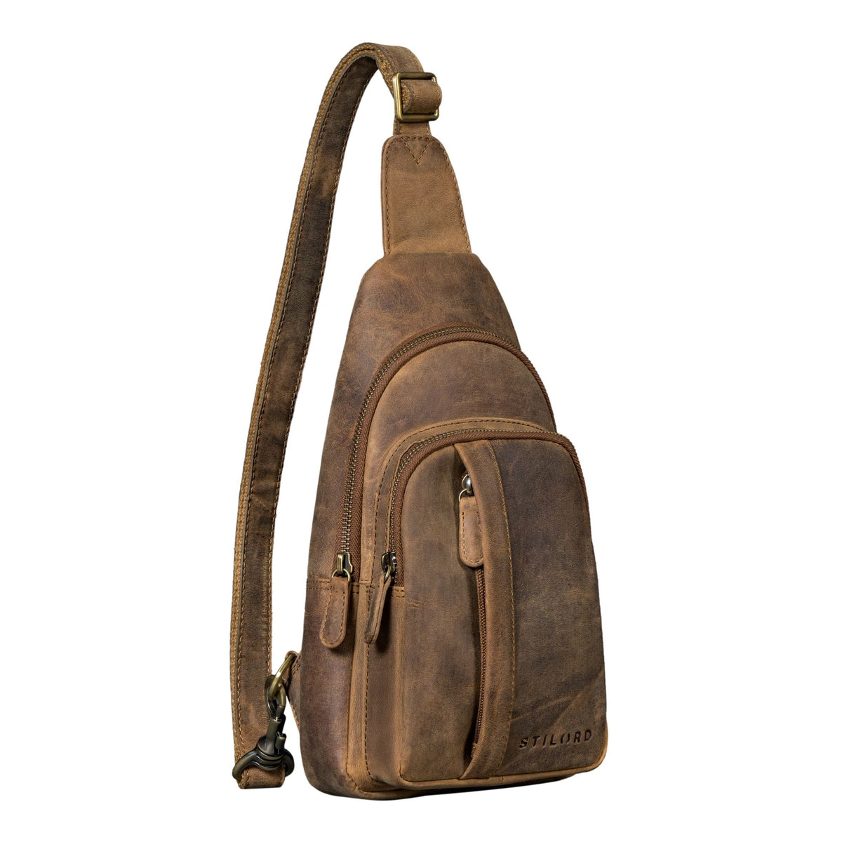 Braune Sling Bag Herren Leder Groß mit Karabiner & Anti Diebstahl Fach