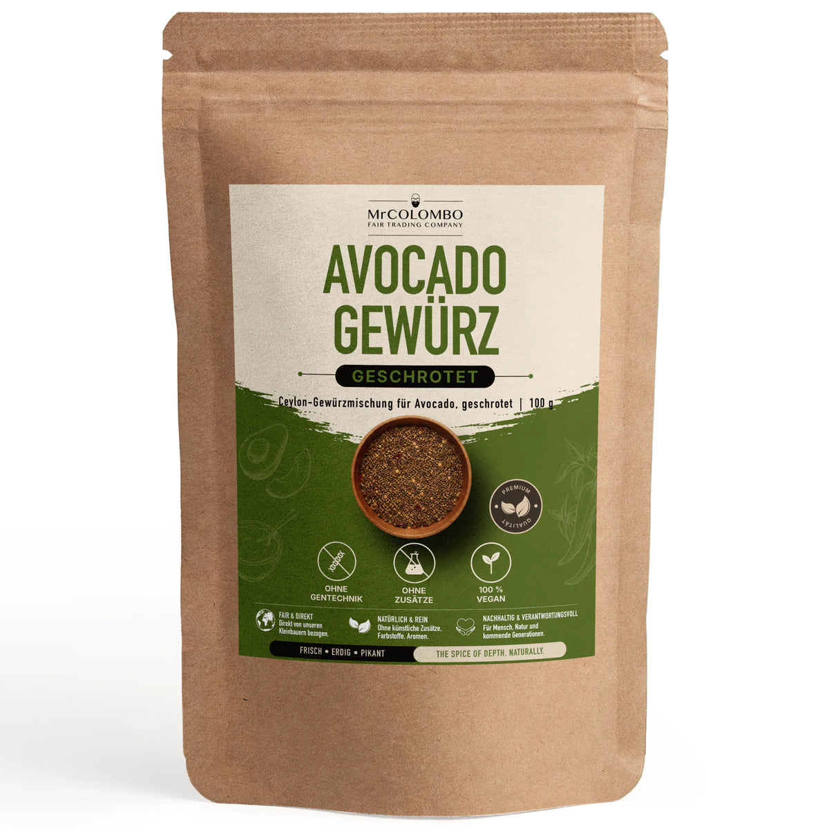 Ceylon Avocado Gewürz aus Sri Lanka im MrCOLOMBO Papierbeutel auf weißem Hintergrund - 100 g