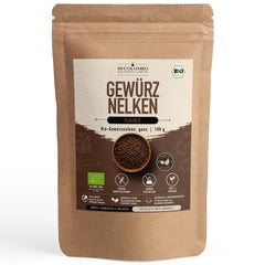 Bio Gewürznelken ganz aus Sri Lanka im MrCOLOMBO Papierbeutel auf weißem Hintergrund - 100 g