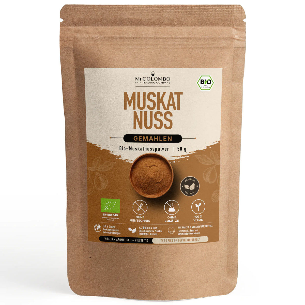 மீண்டும் மூடக்கூடிய MrCOLOMBO பையில் Bio Muskatnuss Pulver aus Sri Lanka