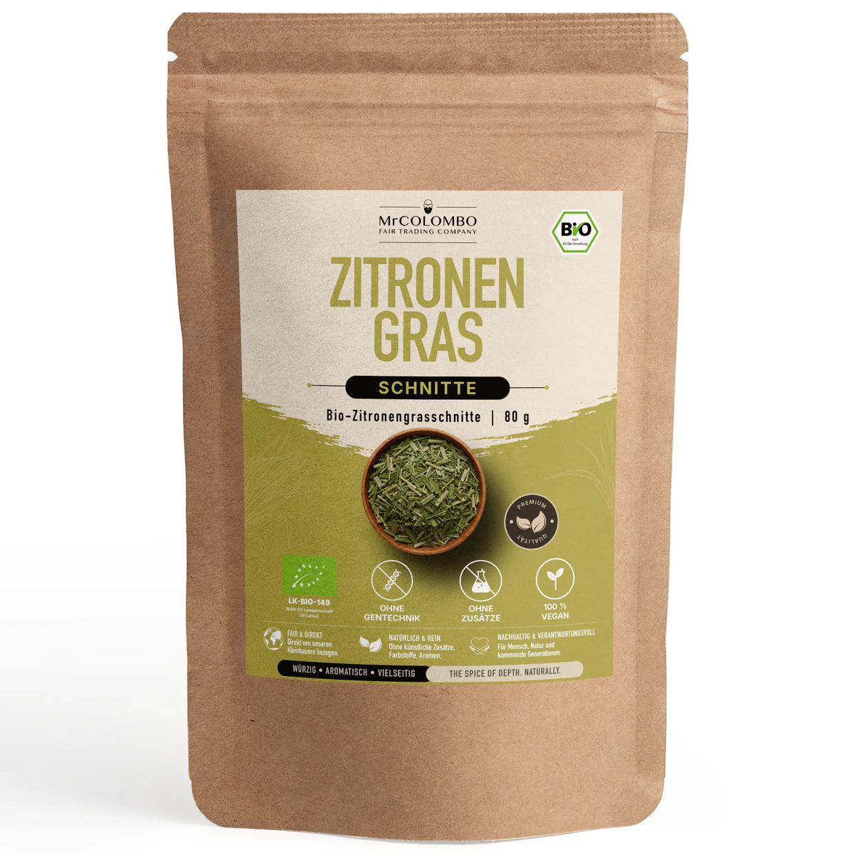 Bio-Zitronengras Schnitte aus Sri Lanka im MrCOLOMBO Papierbeutel auf weißem Hintergrund - 80 g