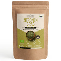 Bio-Zitronengras Schnitte aus Sri Lanka im MrCOLOMBO Papierbeutel auf weißem Hintergrund - 80 g