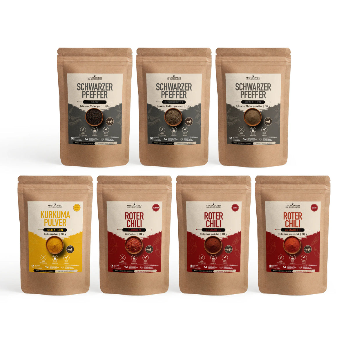 MrCOLOMBO Sri Lanka spice tasting set (7 varieties) - all included product bags on a white background