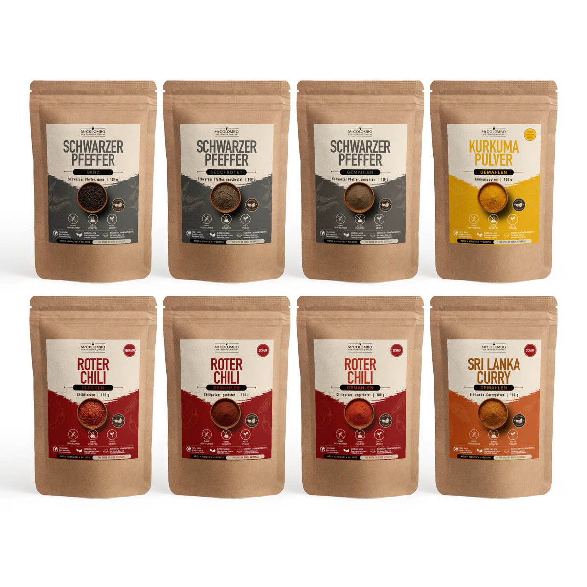 Gewürz-Set Sri Lanka mit Curry (8 Sorten) - alle enthaltenen Produktbeutel auf weißem Hintergrund