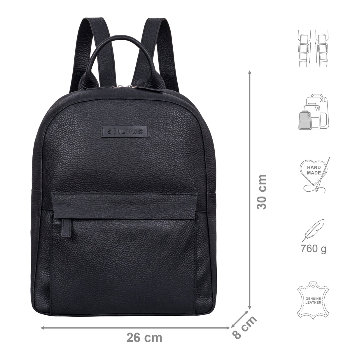 Rucksack Damen Leder Schwarz aus der Frontalperspektive mit zusätzlichen Icons