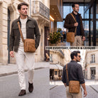 Kleine Umhängetasche aus geöltem Leder in Perugia-Braun, Herrenmodell quer getragen, Stadtkulisse und Büroperspektiven