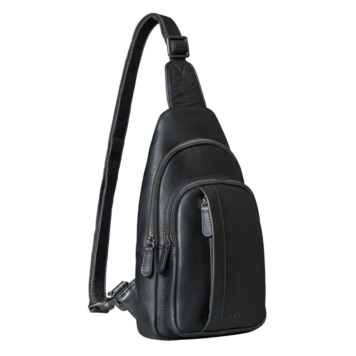 Schwarze Sling Bag Herren Leder Groß mit Karabiner & Anti Diebstahl Fach