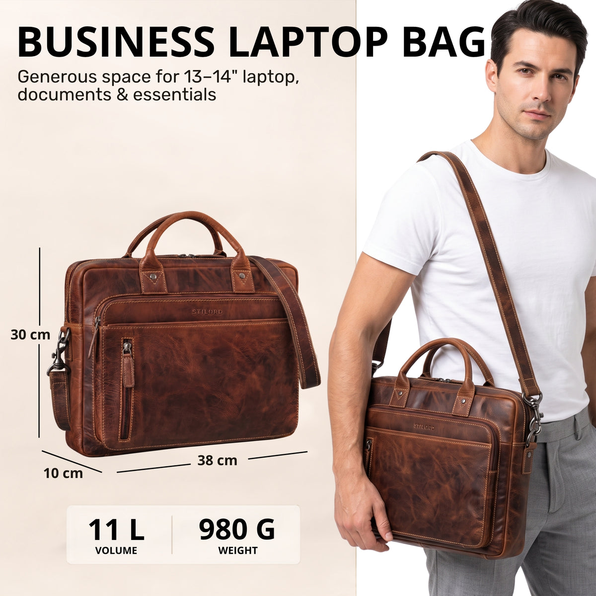 Braune Leder-Business-Tasche salerno mit Schulterriemen und Griff, Vorderansicht, Prägung STILORD, Platz für 13–14 Zoll Laptop