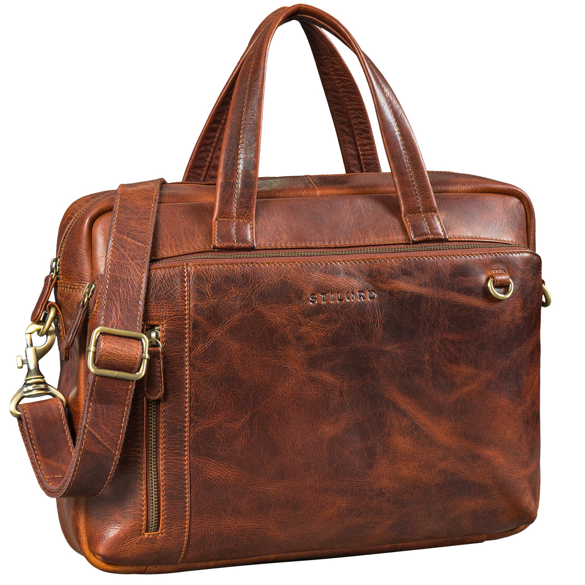 Premium Leder Aktentasche Herren Laptoptasche 15 Zoll Ledertasche Cognac DIN A4 Mit Griff & Schultergurt