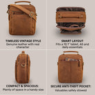 Small tan genuine leather crossbody shown in four views: front with STILORD embossing, open interior, side profile, back pocket