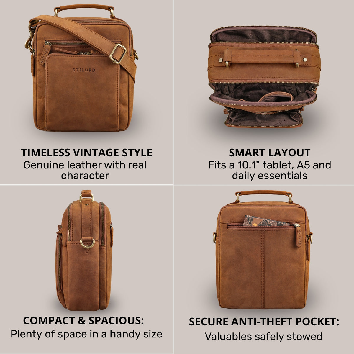Small tan genuine leather crossbody shown in four views: front with STILORD embossing, open interior, side profile, back pocket