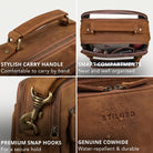 Close-up of small tan leather crossbody bag showing carry handle, organised compartments, snap hook and embossed logo with water droplets