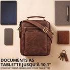 Small brown leather shoulder bag with top handle, adjustable strap and visible STILORD embossing, front view