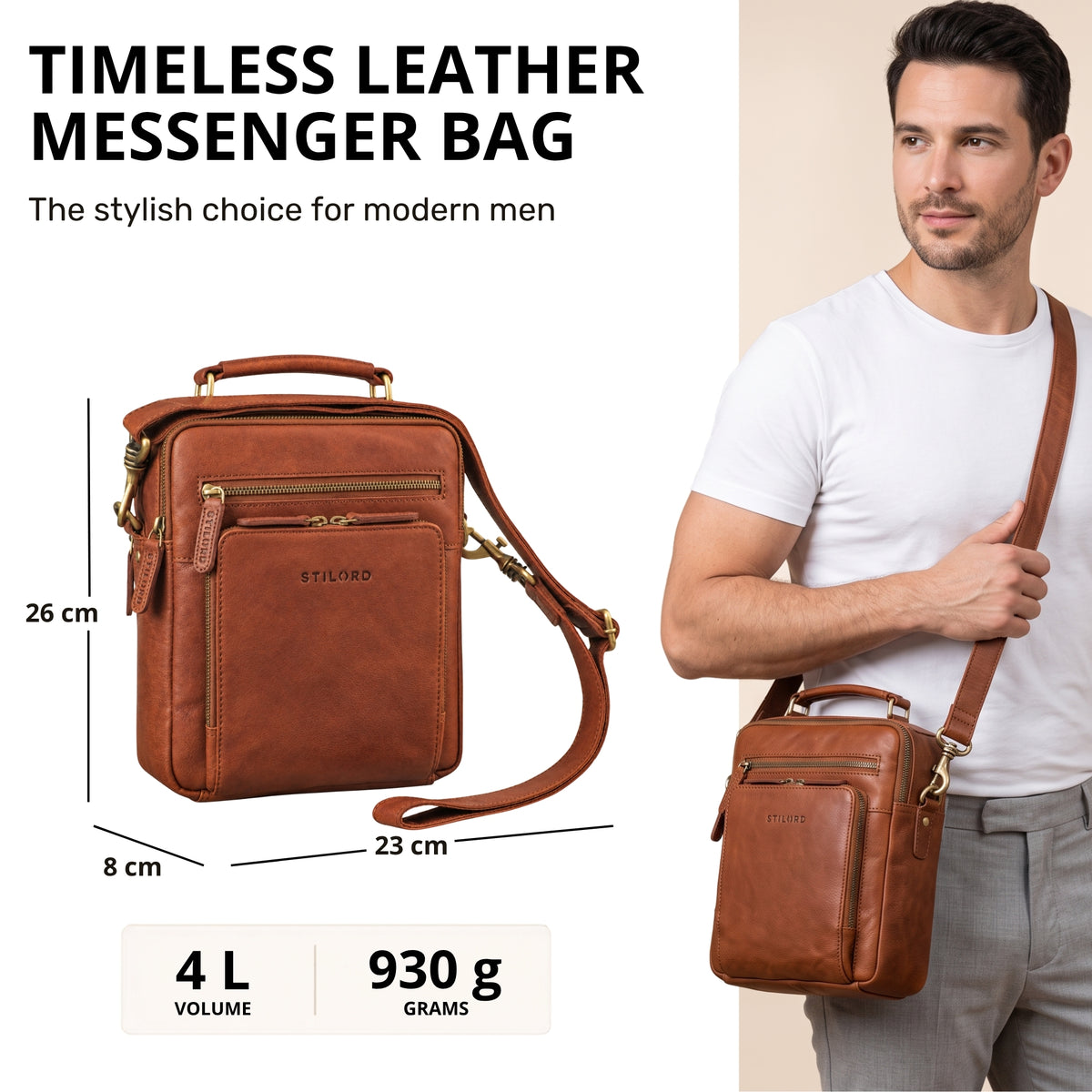 Small brown leather messenger bag with top handle and shoulder strap, front view, STILORD embossing, fits 10.1 inch tablet and A5
